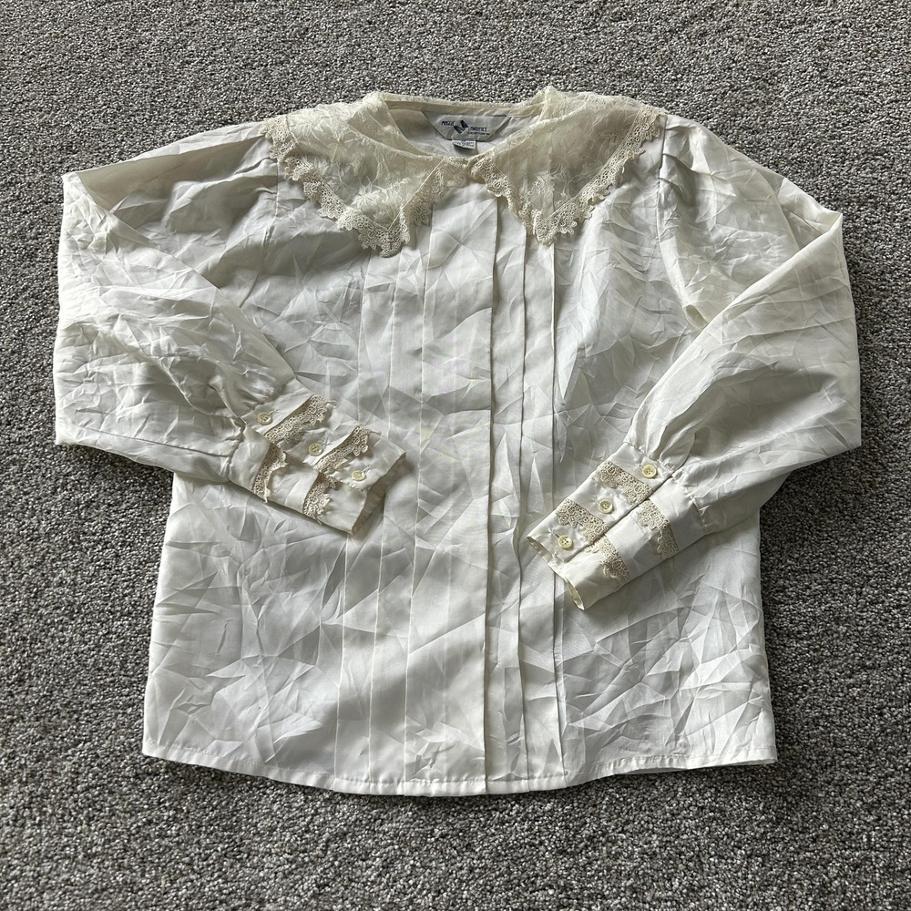 Maggie Lawrence Blouse Womens 10 White Lace Collar Pleated Long Sleeve Top